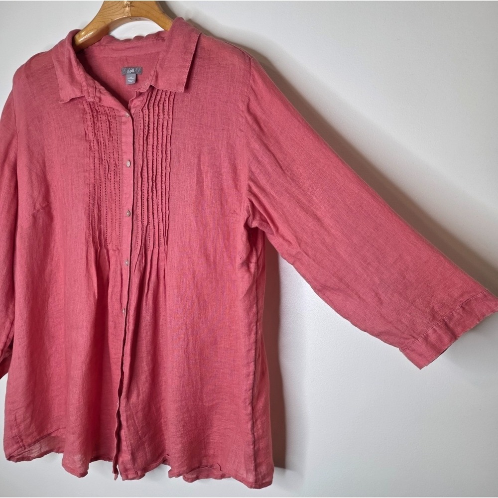 J Jill Linen Button Up Top Sz 2X Pink Pintuck Long Roll Tab Sleeve Boho Beachy - Picture 3 of 13